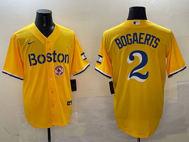 Men Boston Red Sox 2 Bogaerts Yellow City Edition Game 2025 Nike MLB Jersey style 6